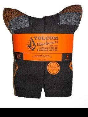 Volcom Workerwear Crew Socks 8 Pair Men 6-12 Black Orange Gray Mix wLogo Cushion